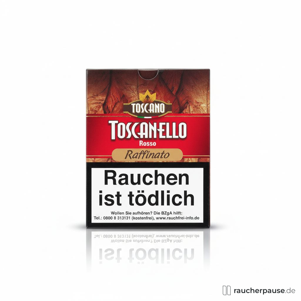 Toscano Toscanello Rosso Zigarre in einer roten Box mit braunem Muster und stilisiertem Stern im Logo, Italien, Kaffee & Kentucky-Tabak, 75mm.