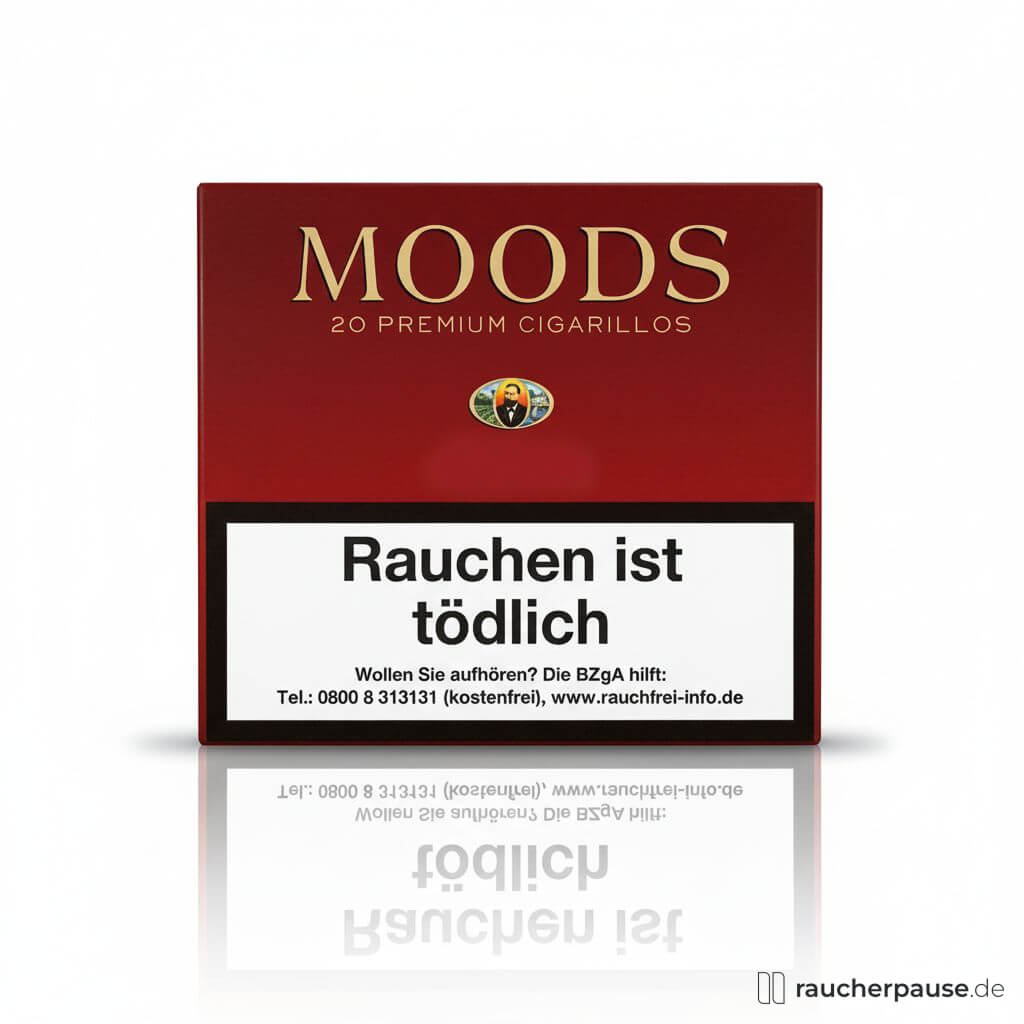 Dannemann Moods Cigarillos 20er Pack Sumatra-Deckblatt in einer eleganten, quadratischen Box mit roter Dominanz und goldenem 'MOODS'-Schriftzug.
