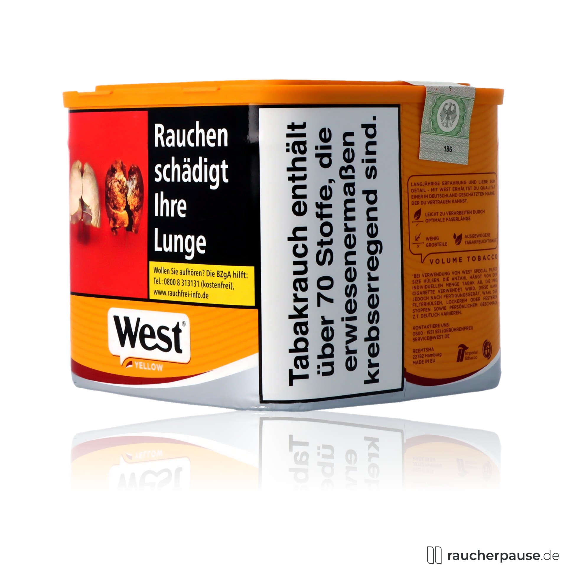 west yellow volumentabak 39g dose american blend virginia orient burley , packshot hinterseite