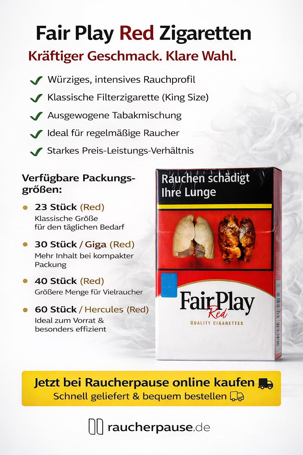 Werbegrafik für Fair Play Red Zigaretten mit Fokus auf das würzige Rauchprofil und die Packungsoptionen (23, 30, 40 und 60 Stück) bei raucherpause.de.