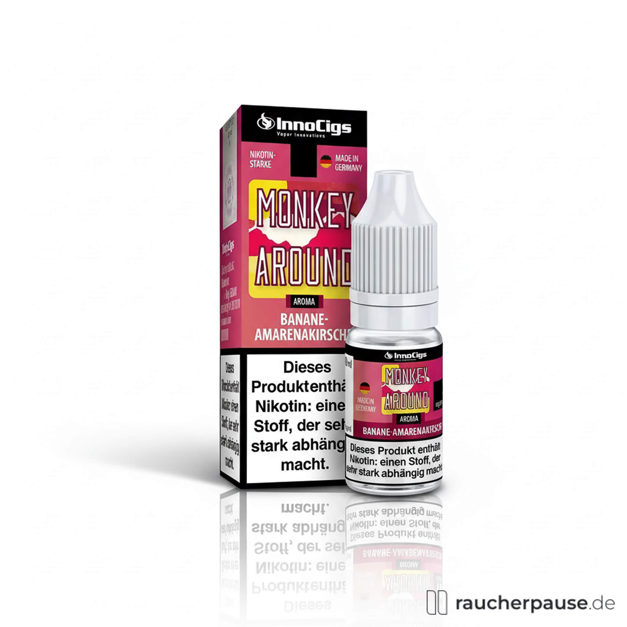 InnoCigs Monkey Around E-Liquid für E-Zigaretten in 10ml Flasche mit Amarenakirsche- und Bananen-Aromen, nikotinfrei.