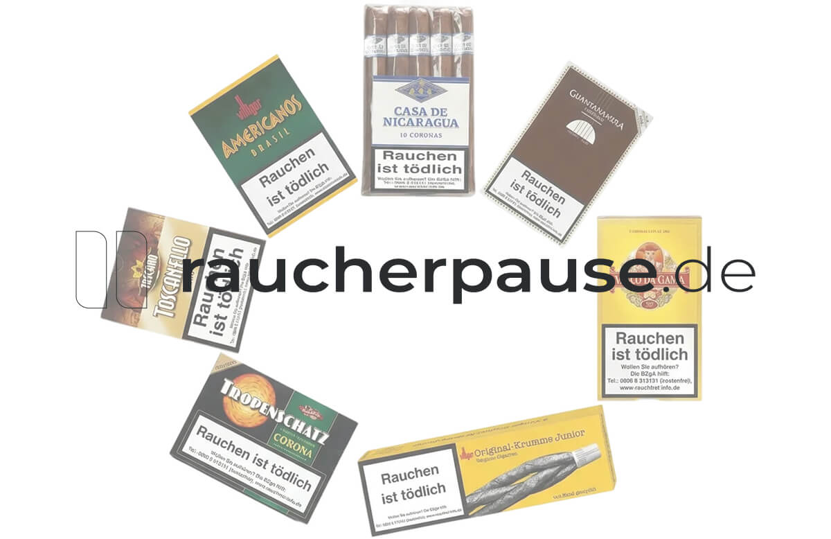 Verschiedenste Zigarren-Packungen angeordnet auf einem weißen Hintergrund in einer Kreisform