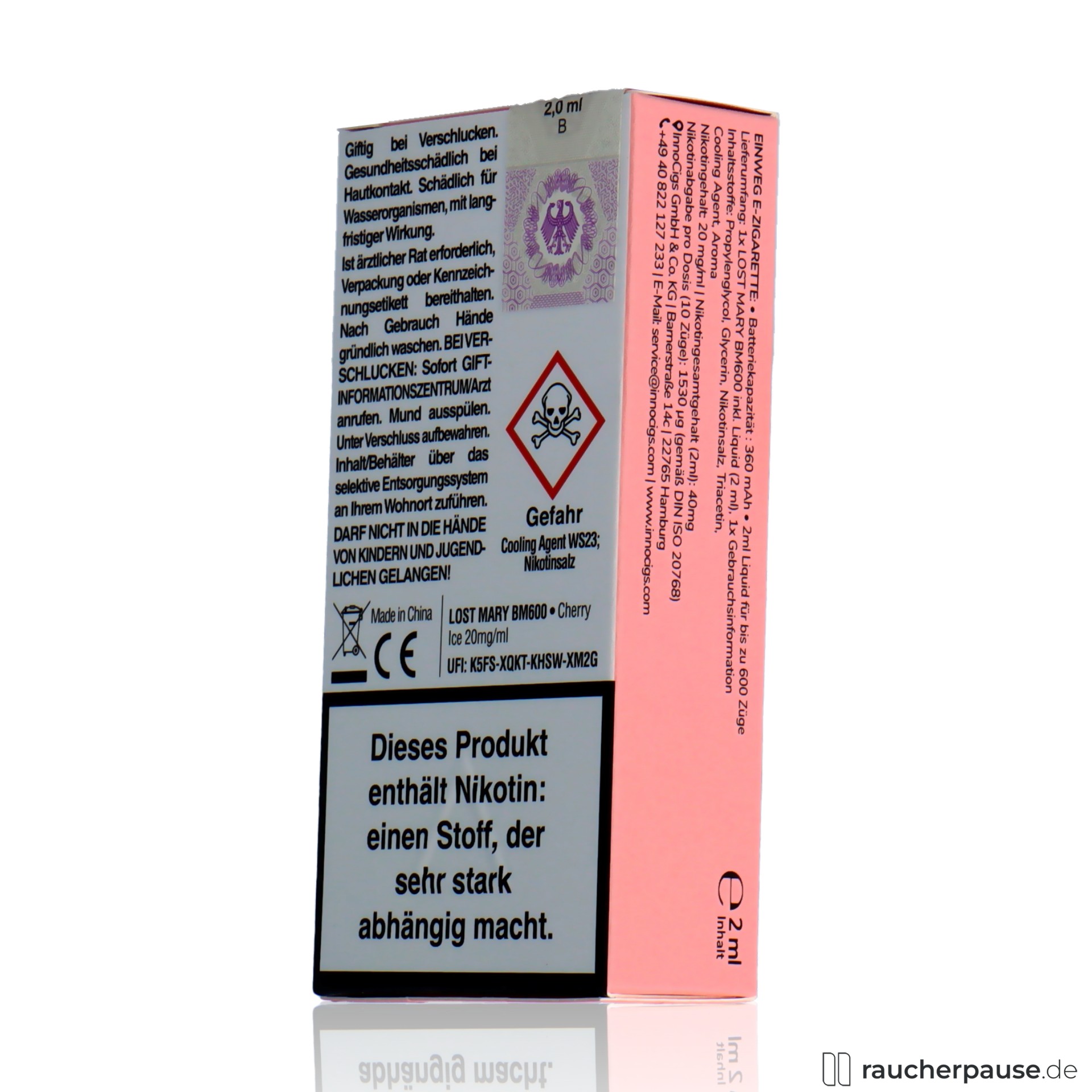 lost mary, lost mary einweg e zigarette cherry ice ml nikotin zuege, packshot hinterseite