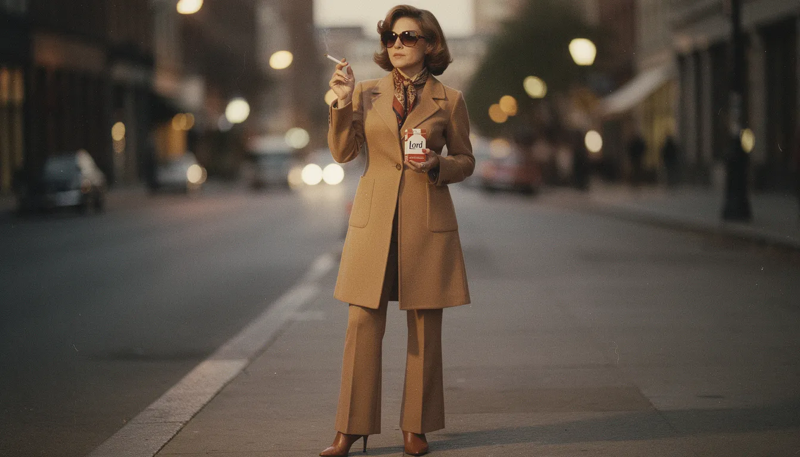 Eine Lady mit Sonnenbrille und Mantel die Lord Zigaretten raucht