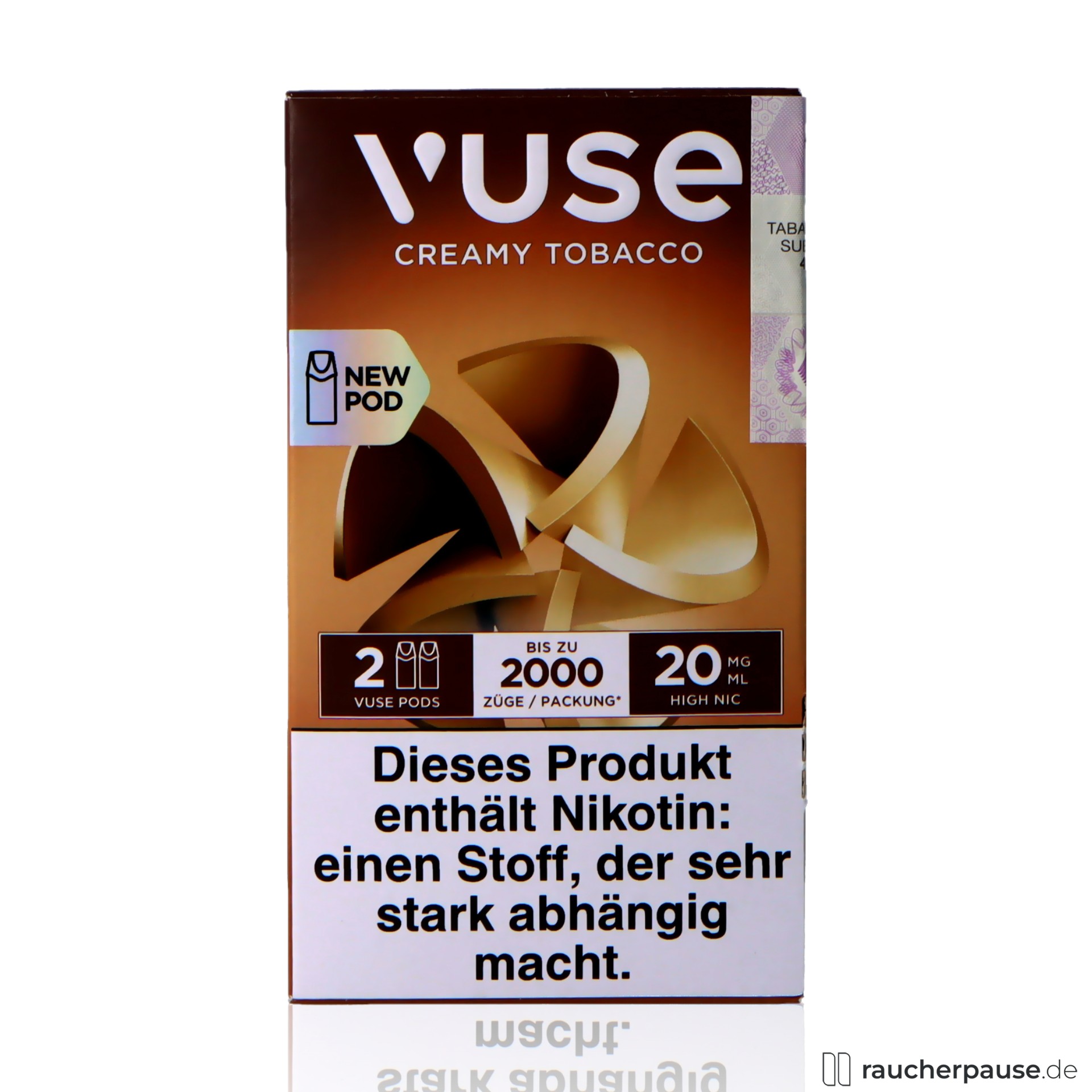 Vuse Pods Creamy Tobacco | 20 mg/ml Nikotin | 2 Pods | Cremiger Tabakgeschmack vuse, vuse pods creamy tobacco ml nikotin pods cremiger tabakgeschmack , packshot vorderseite