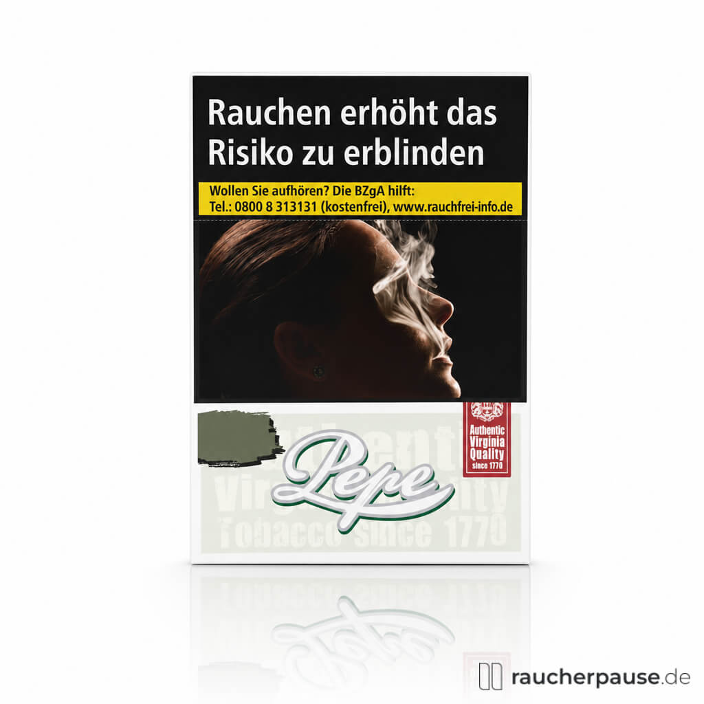 Pepe Fine Green Filterzigaretten ohne Zusätze XXXL, King Size in weiß-grauer Verpackung mit stilisiertem Logo auf grünem Hintergrund und rotem Rand.