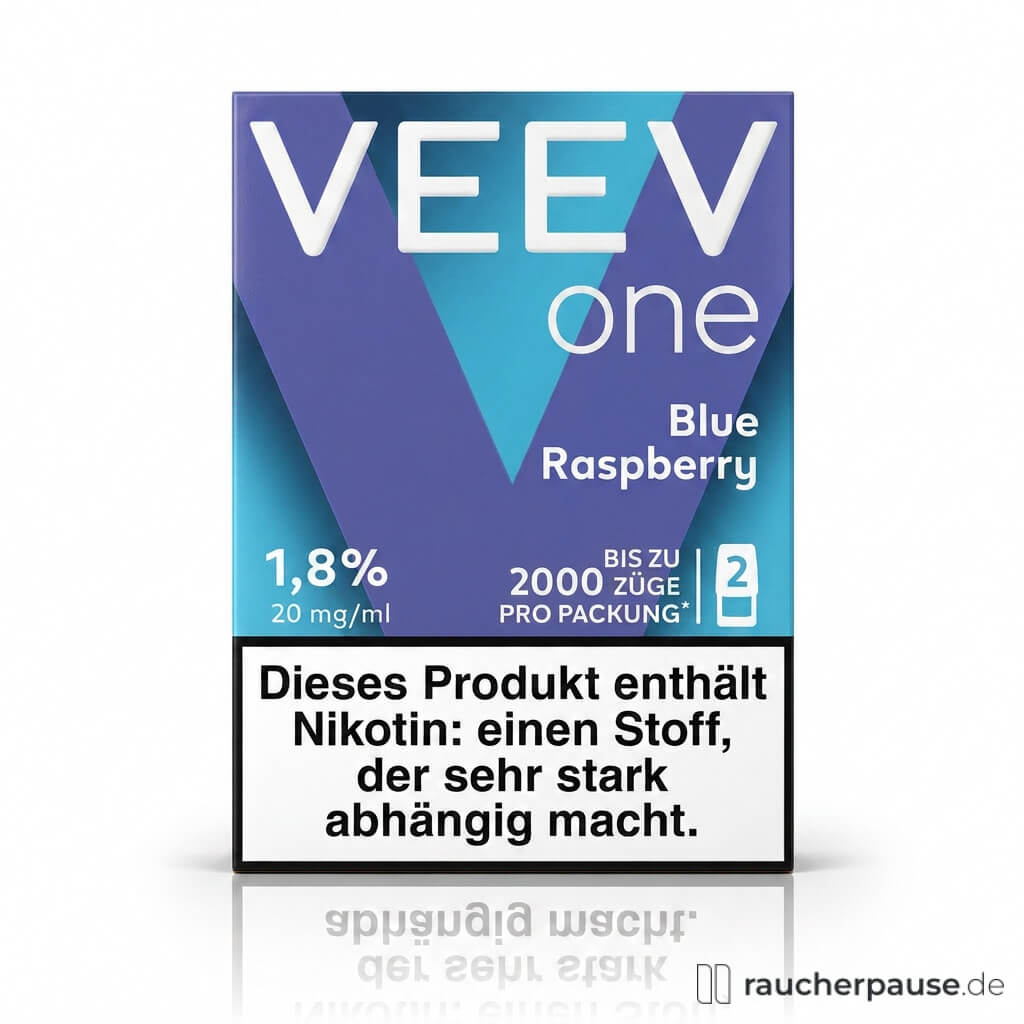 VEEV One Pod Blue Raspberry, 20 mg/ml Nikotin, 2 Pods, in moderner blau-lila Verpackung mit stilisiertem Logo und V-förmigem Muster.