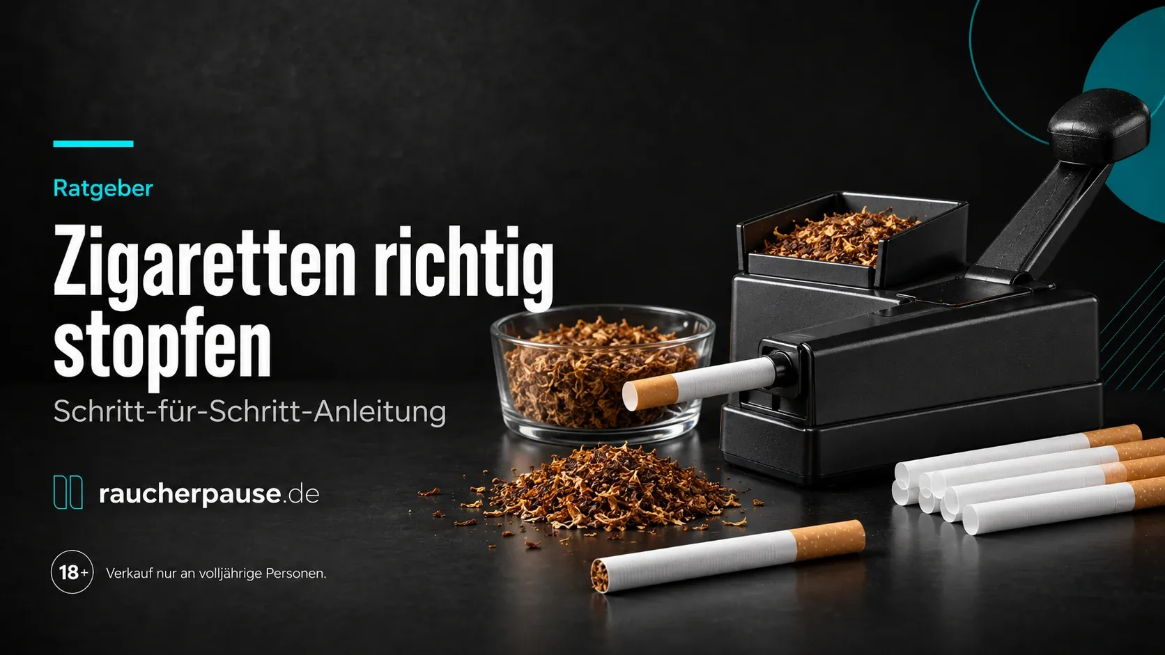 Zigaretten richtig stopfen: Stopfmaschine mit losem Tabak, Filterhülsen und fertig gestopfter Zigarette