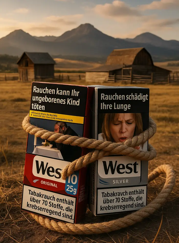 Zwei West Zigarettenschachteln, ein Original und ein Silber, mit Warnhinweisen über die Gesundheitsrisiken des Rauchens, umgeben von einem Seil auf einem ländlichen Hintergrund.