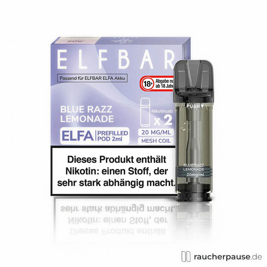 Elf Bar Elfa Prefilled Pods Blue Razz Lemonade 20mg/ml Nikotin 2x2ml in moderner, lila-weißer Verpackung mit großem, weißem Logo auf lila Hintergrund.