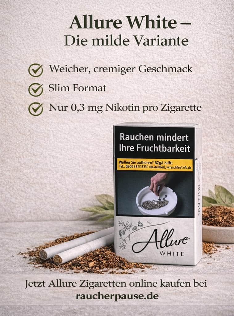 Allure White Zigaretten – milder Geschmack und Slim Format- 0,3 mg Nikotingehalt