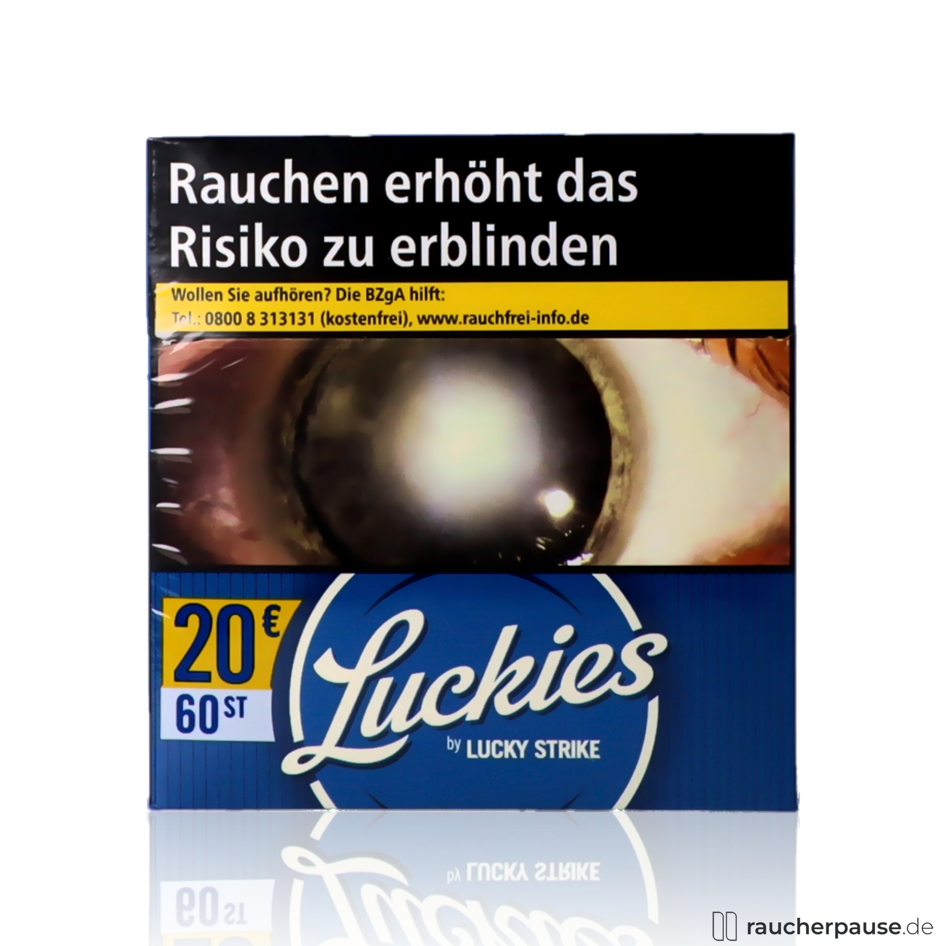 Blau verpackte Dose mit gelb-weißem Luckies-Logo und stilisiertem Schriftzug 'Luckies by Lucky Strike' - Luckies Crafted 1871 Blue Hercules Zigaretten, 60 Stk. pro Packung, American Blend.
