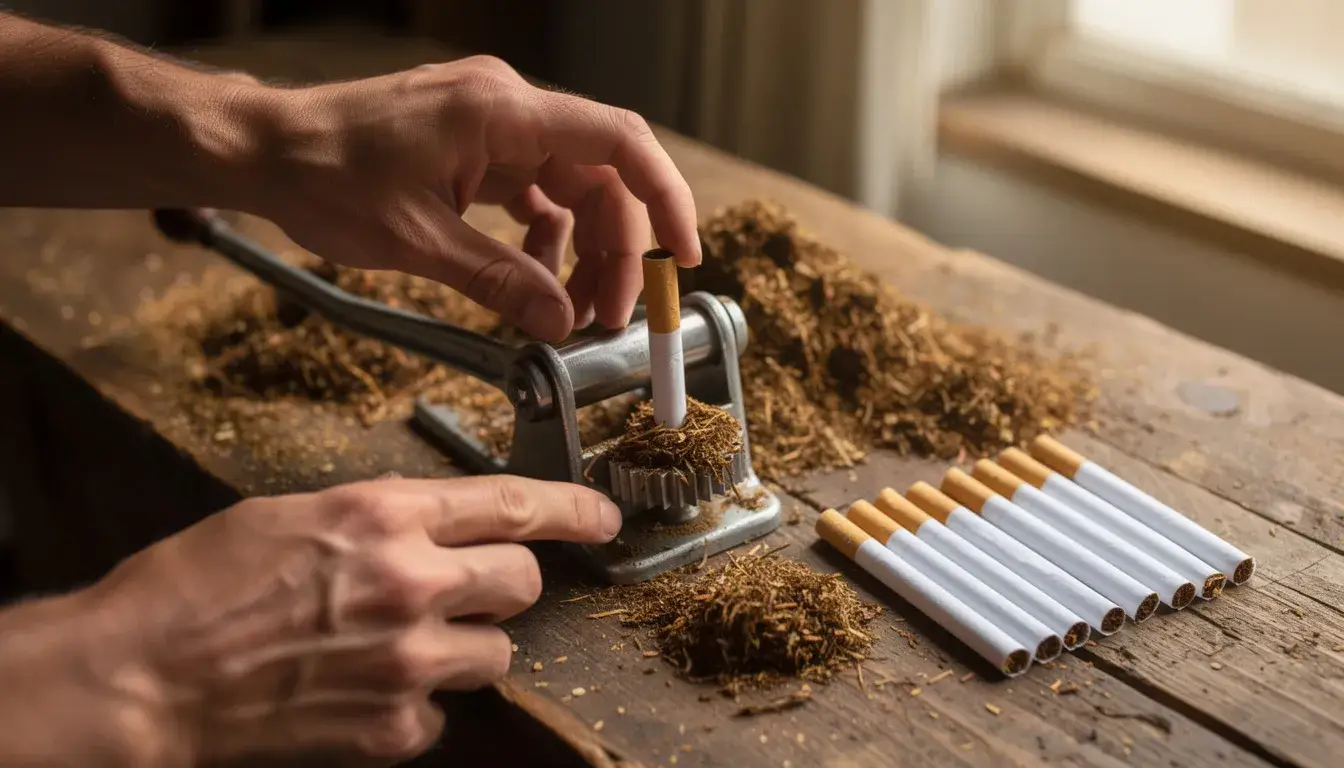 Auf dem Holztisch bedienen Hände ein manuelles Tabakstopfgerät, während losem Tabak und Zigarettenhülsen um das Gerät herum verteilt sind. Die Szene zeigt den Prozess des Selbststopfens von Zigaretten, wobei das Stopfgerät zentral im Bild steht.