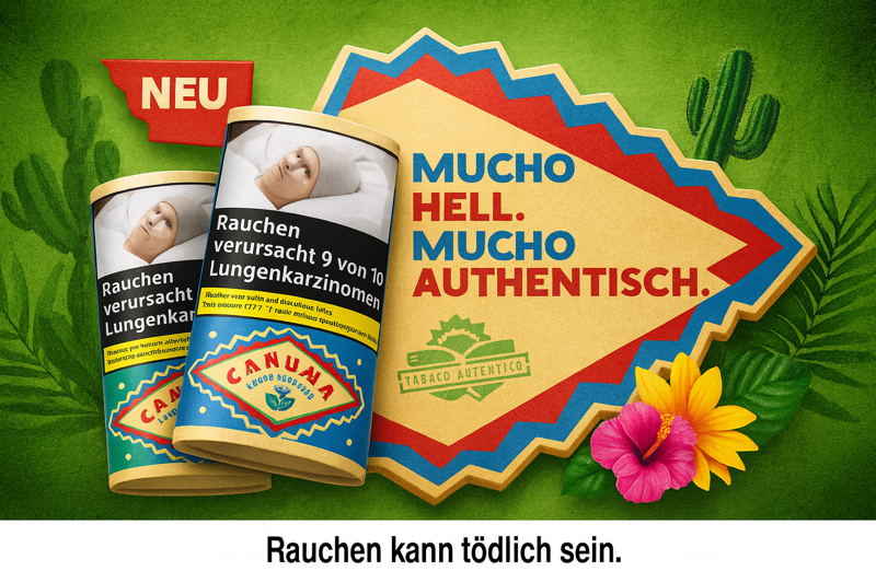 Canuma Tabak Banner mit 2 Produkten in 3-D, mit Slogan: Mucho Hell. Mucho Authentisch.