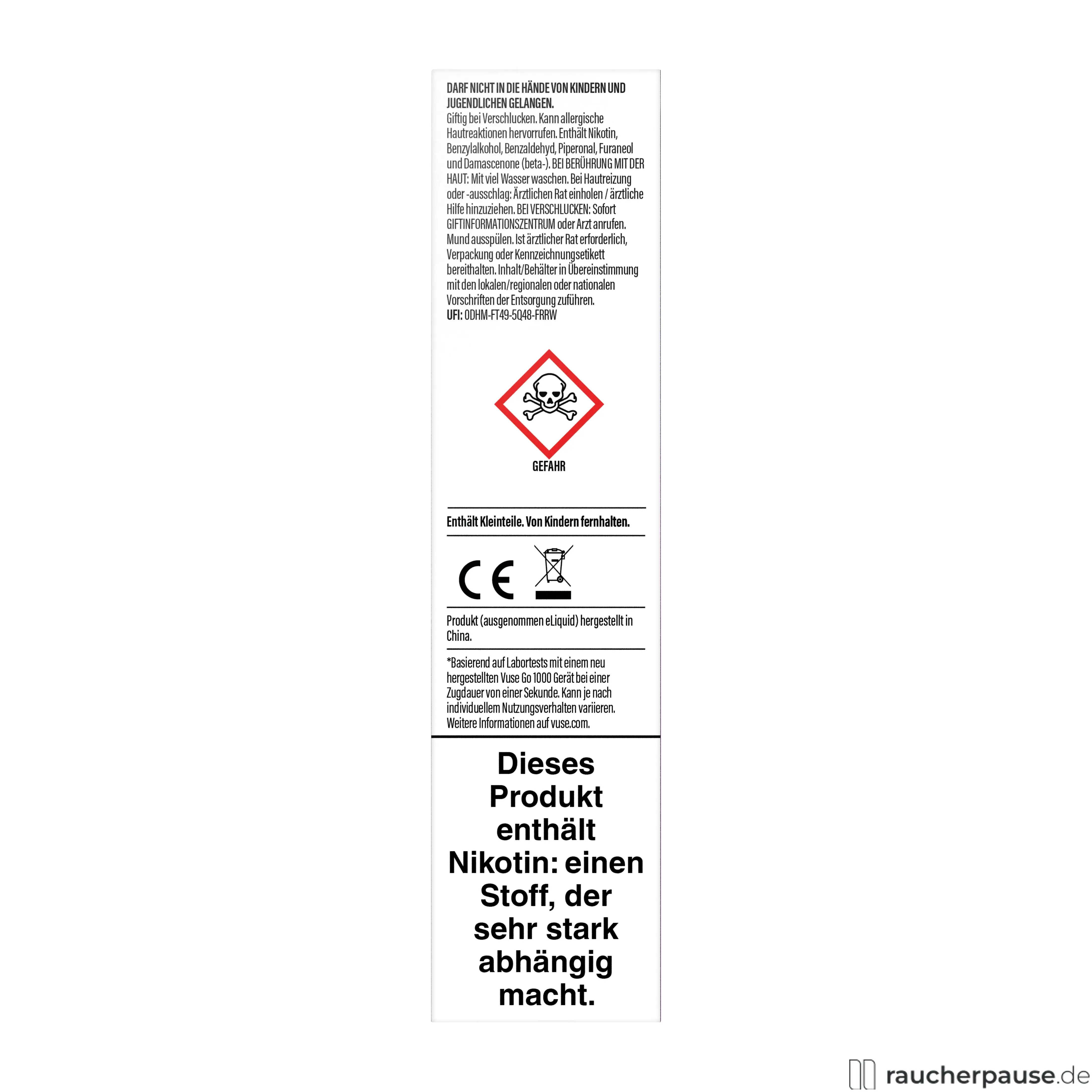 Vuse GO 1000 E-Shisha Dark Cherry 20mg Nikotin in schwarzer und weißer Dose mit CE-Logo und Abfallsymbol auf dem Etikett.