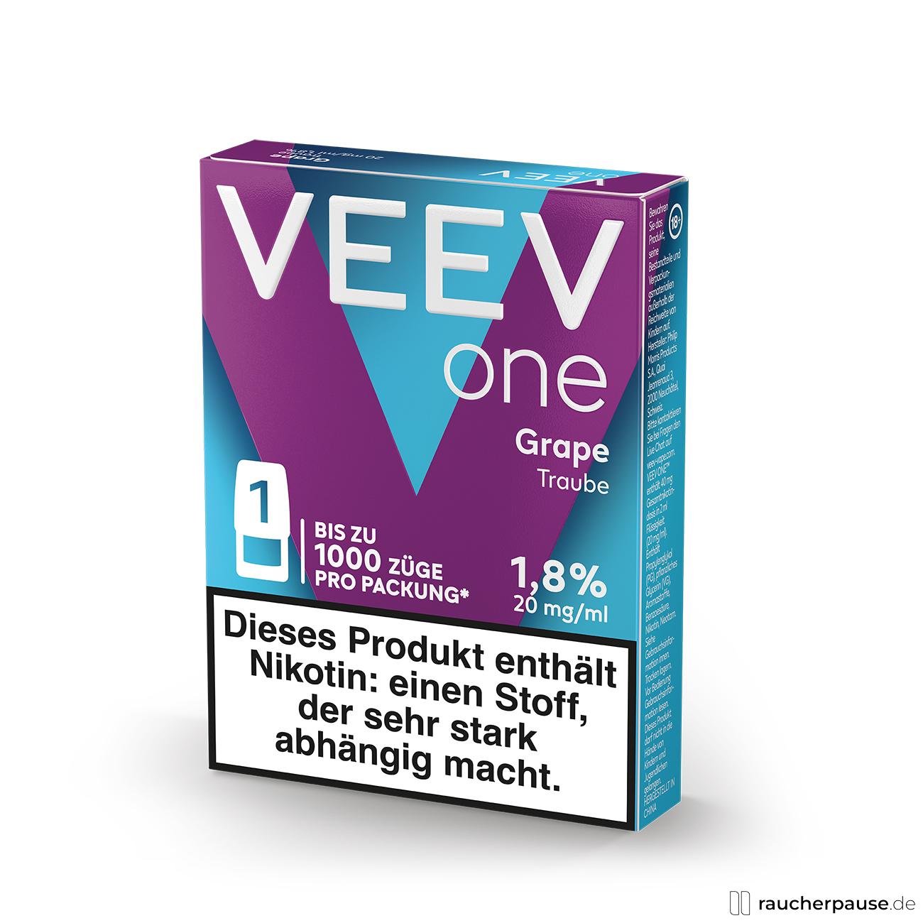 VEEV One Pod Grape, 20 mg/ml Nikotin, Limitierte Edition in blau-lila Box mit modernem Logo und großem V-Zentrum