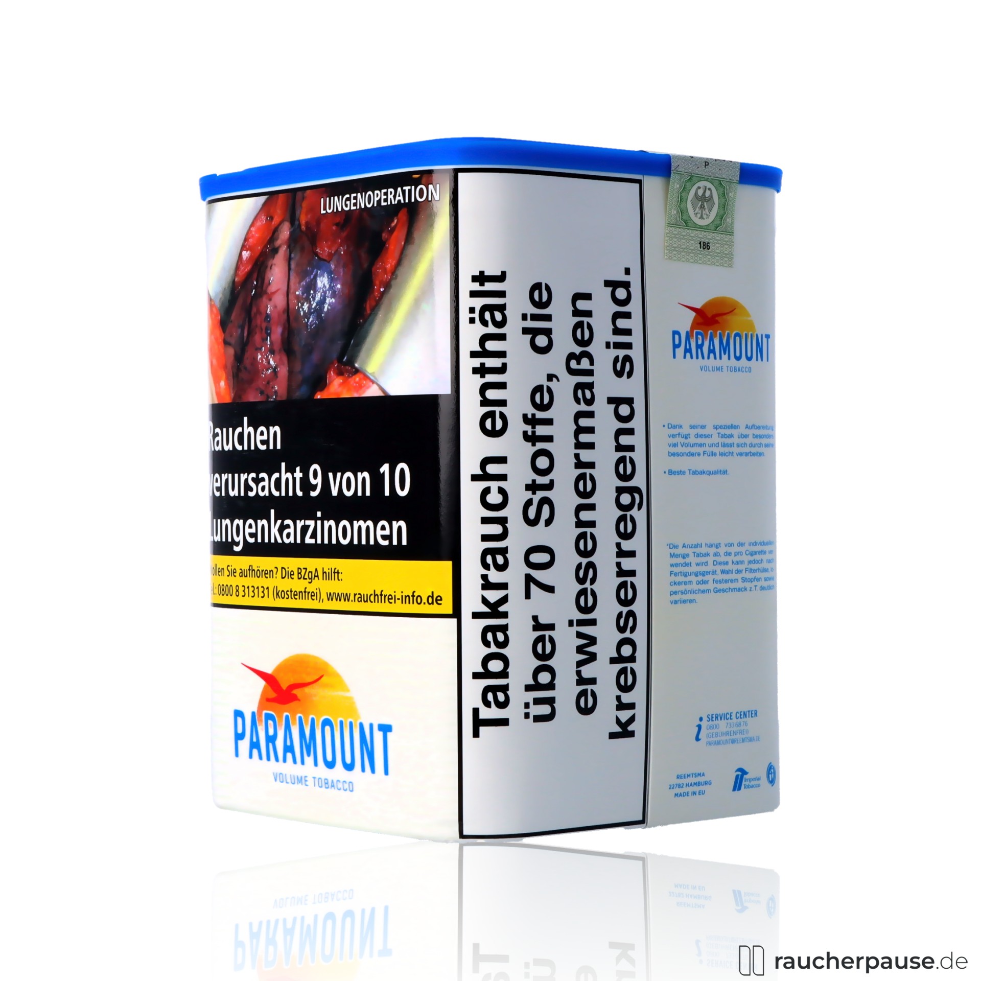 paramount blue volumentabak 85g dose american blend mild wuerzig aroma , packshot seitlich