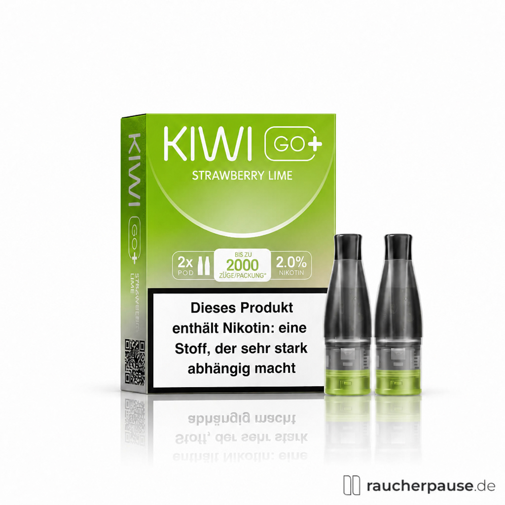 KIWI GO+ Strawberry Lime Prefilled Pods in grüner Box mit weißem Logo und grünem Kreis auf grünem Hintergrund, 2 Stück, 20 mg/ml Nikotin.