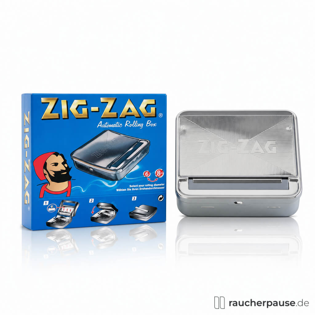 ZIG-ZAG Rolling Box in blauer Verpackung mit goldenen Schriftzeichen und silbernem Logo auf glänzender quadratischer Oberfläche.