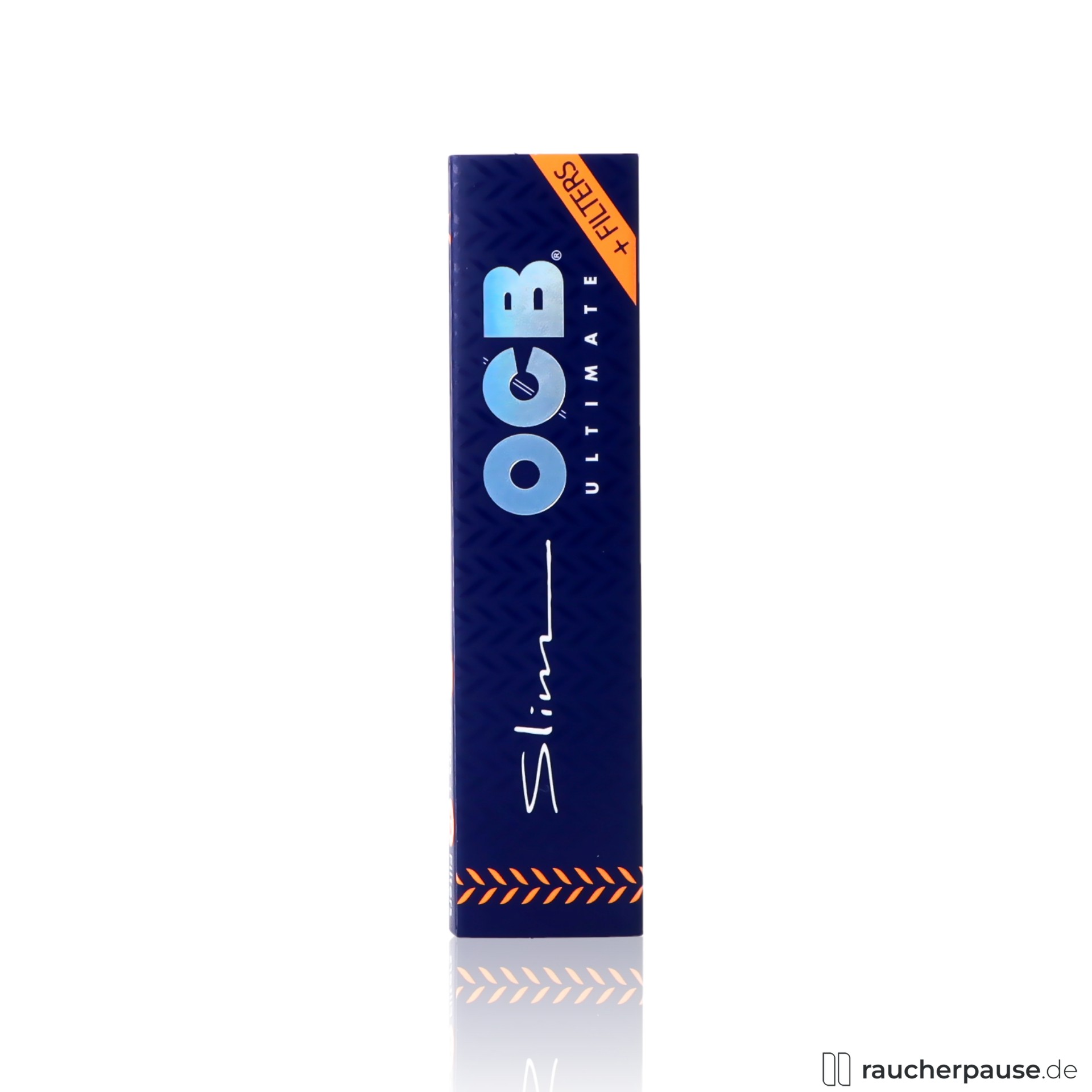 OCB Ultimate Slim Zigarettenpapier in moderner, blau-oranger Box mit silbernem Logo und Schriftzug 'OCB Ultimate Filters'.
