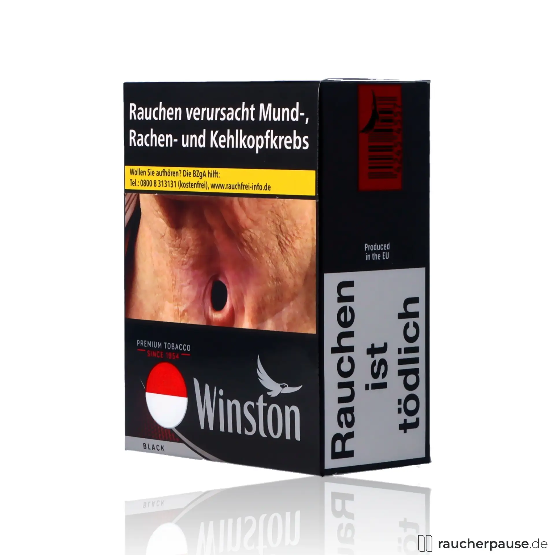Winston Black 4XL Zigaretten, 54 Stk. pro Packung, in einer schwarzen, rechteckigen Dose mit rotem und weißem Logo im minimalistischen Stil.
