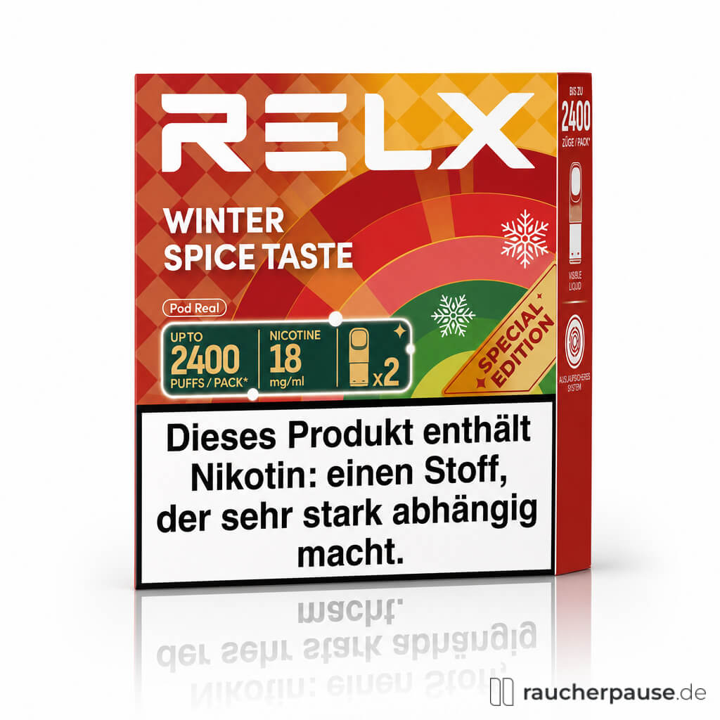 RELX Real Winter Spice Taste Prefilled Pods in moderner, minimalistischer Verpackung mit rot-gelbem Design und großem weißen RELX-Schriftzug auf der Vorderseite.