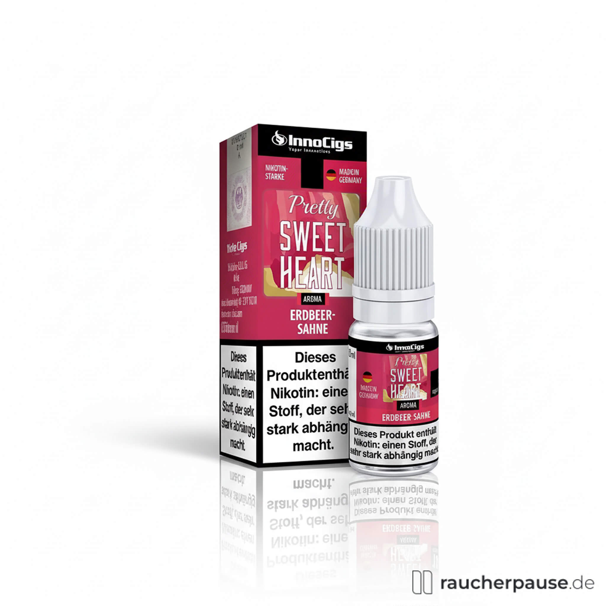 InnoCigs Pretty Sweetheart E-Liquid Erdbeere-Sahne 10ml 18mg Nikotin in quadratischer rotschwarzer Dose mit Logo und roter Flasche mit weißem Etikett.