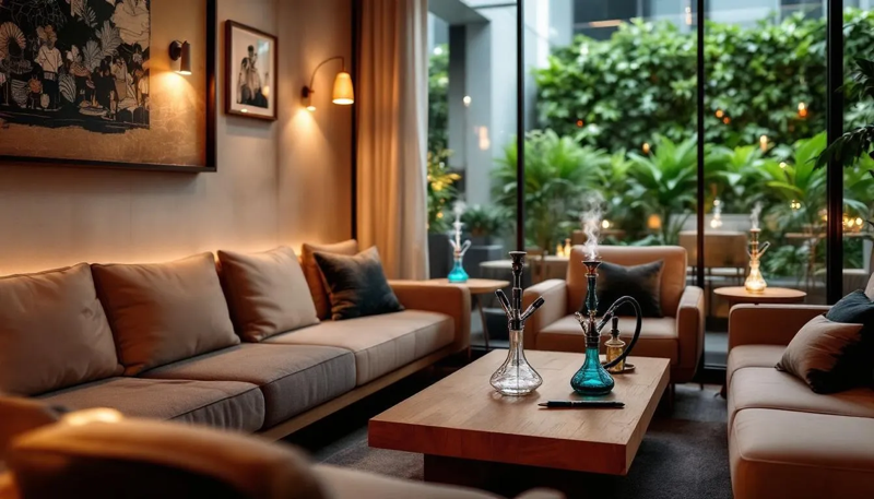 Bild einer gemütlichen Couch Ecke mit Shishas auf dem Tisch in einem hellen modernen Raum