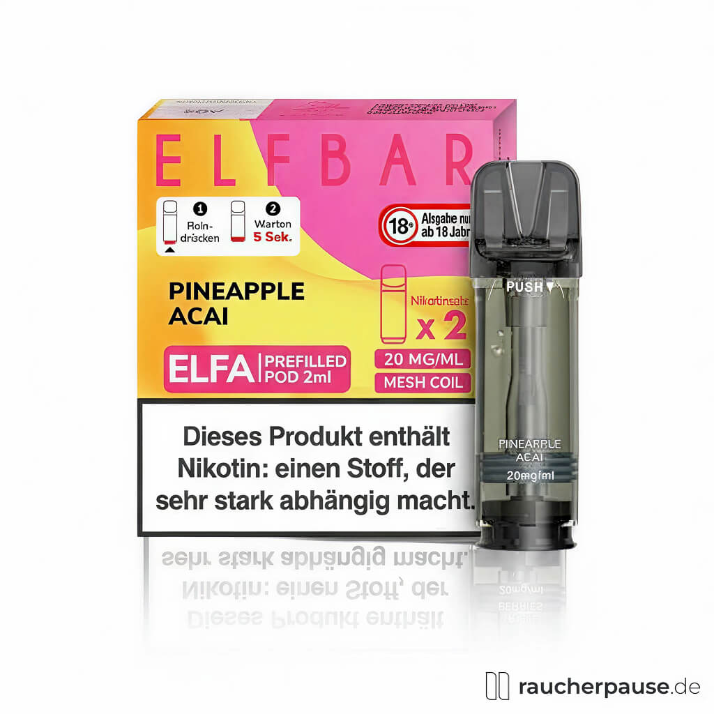 ELFA Pineapple Acai Pods 2er Pack für ELFA Geräte in farbenfroher roter und gelber Box mit ELF BAR Logo und quadratischer Form.