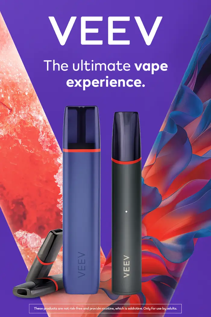 VEEV Vape-Geräte in verschiedenen Farben, umgeben von lebendigen, abstrakten Grafiken, mit dem Slogan „Das ultimative Vape-Erlebnis.“