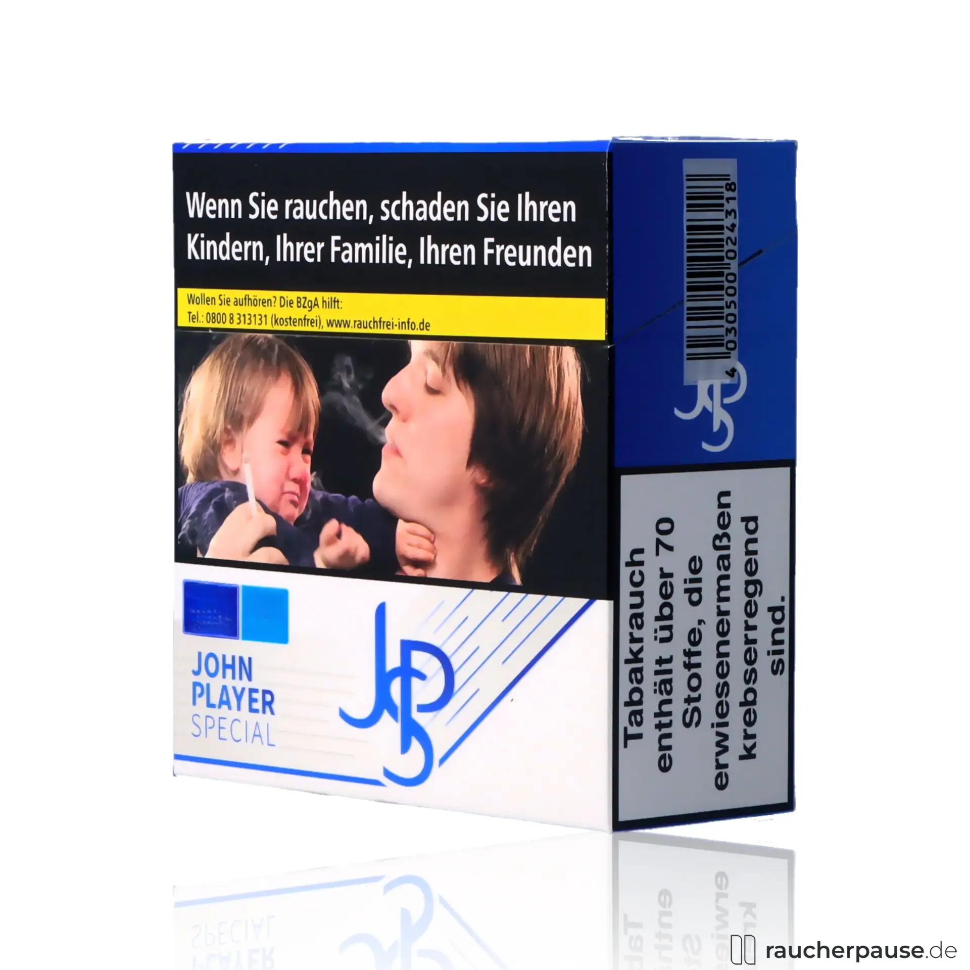 JPS Blue Jumbo Zigaretten, 45 Stk. pro Packung, American Blend Aroma in moderner blau-weißer Box mit minimalistischem John Player Special Logo.