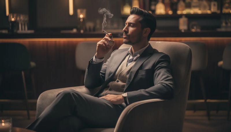 Ein Mann der im Sessel sitzt und eine Zigarette raucht