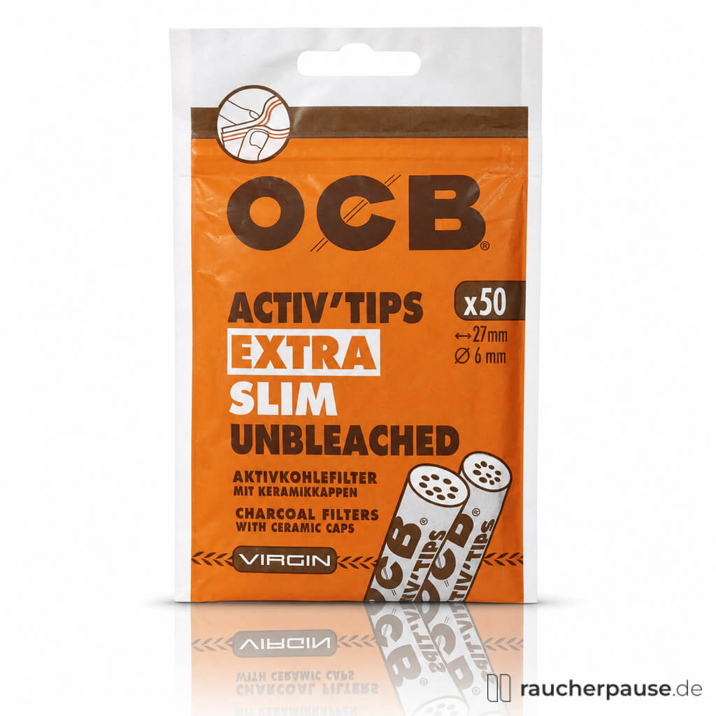 OCB Activ Tips Extra Slim Unbleached Aktivkohlefilter | 6 mm | 50 Stück