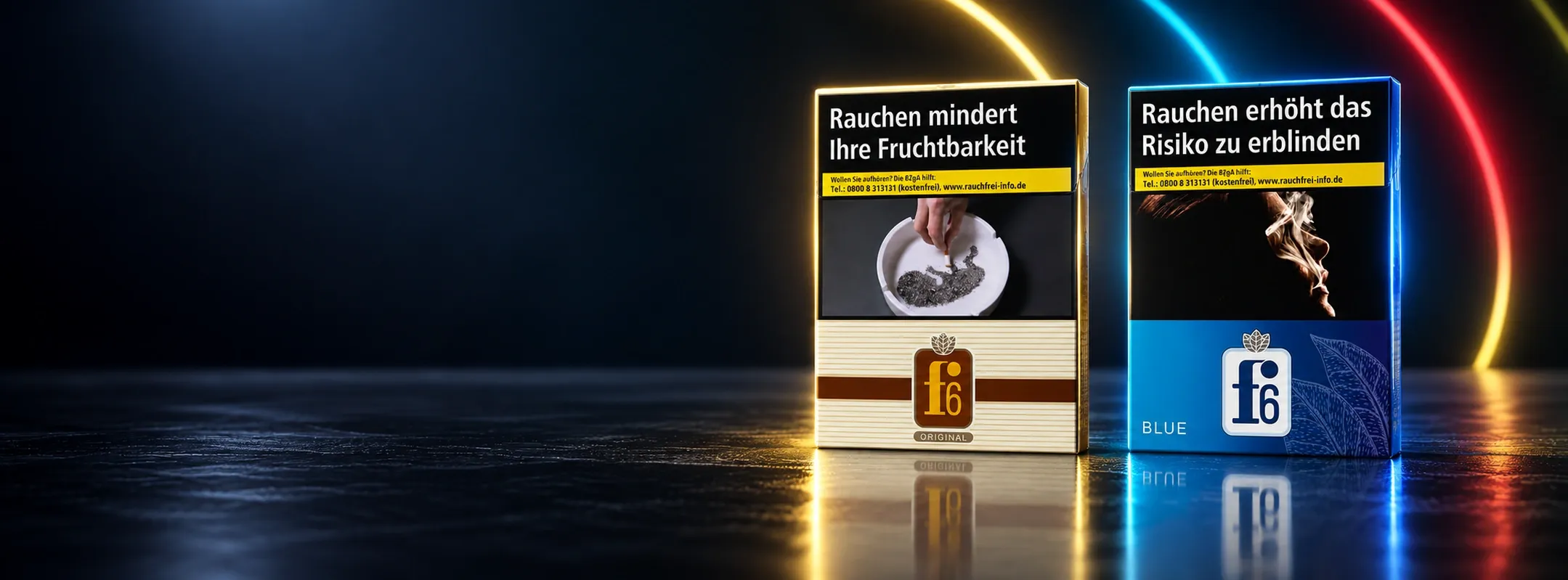 F6 Original und F6 Blue Zigaretten vor dunklem Neonhintergrund