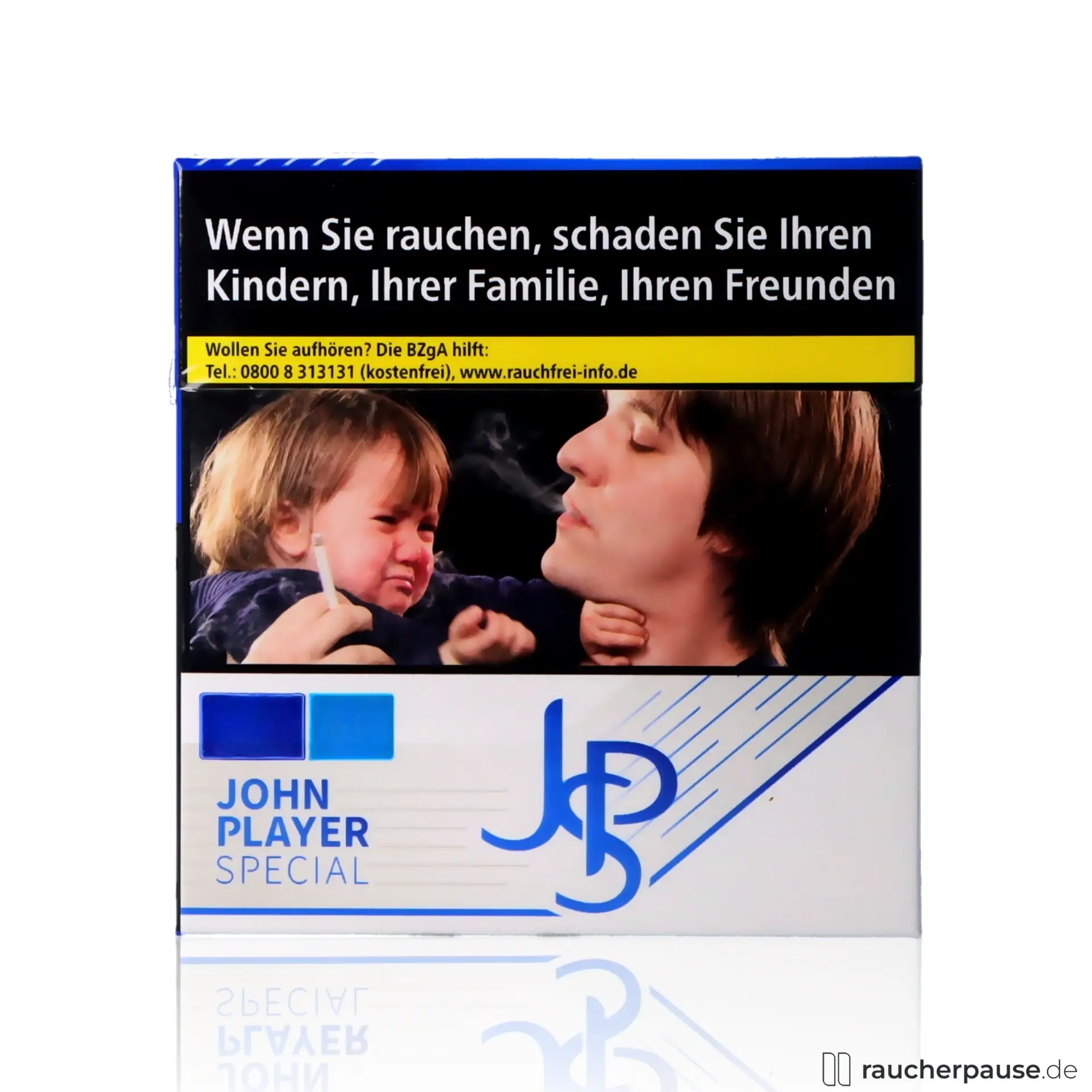 JPS Blue Jumbo Zigaretten, 45 Stk. pro Packung, mit hellblauem Design und goldenem Schriftzug, American Blend Aroma.