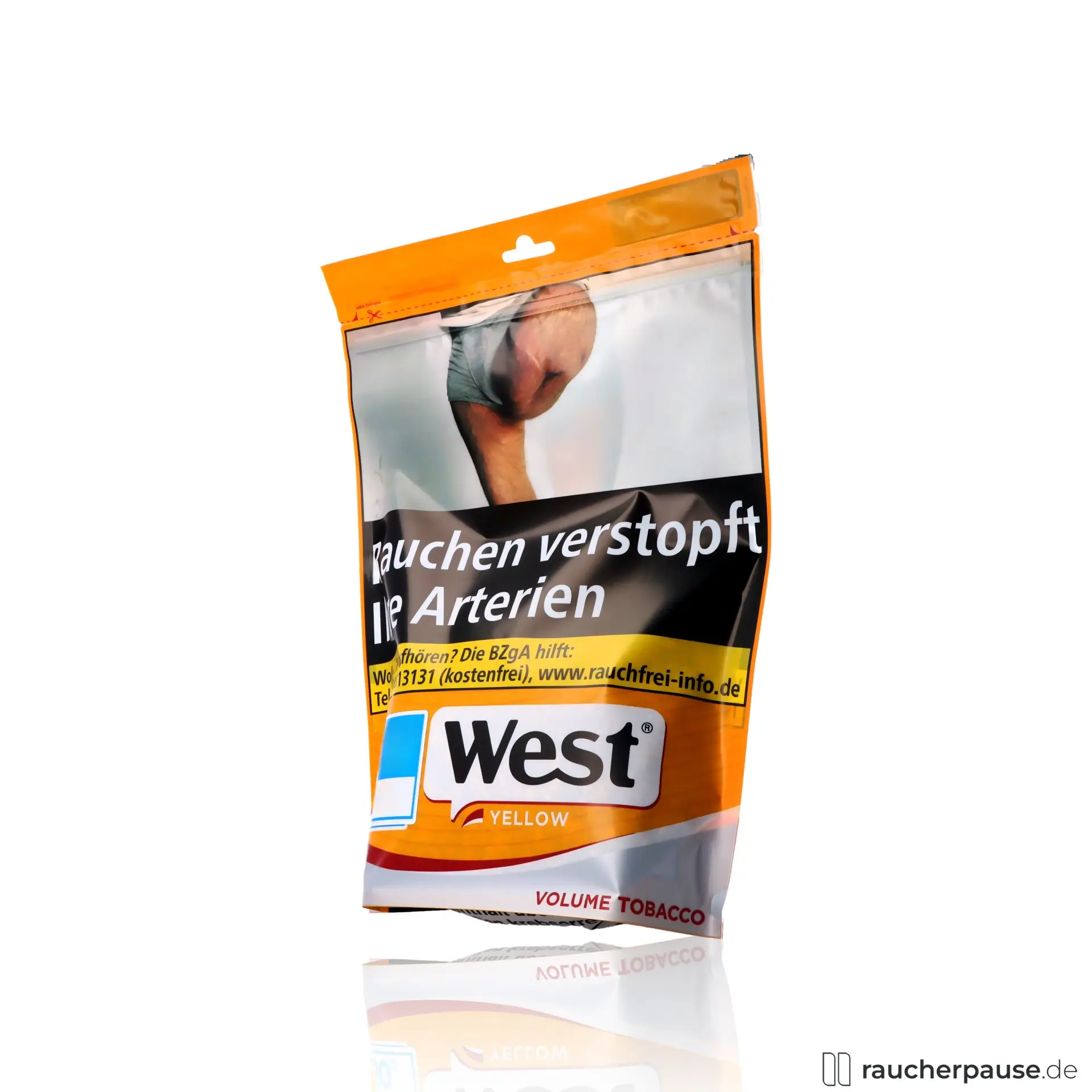 West Yellow Volumentabak 145g Jumbo Beutel American Blend in orangefarbenem Säckchen mit weißem Logo auf schwarzem Hintergrund.