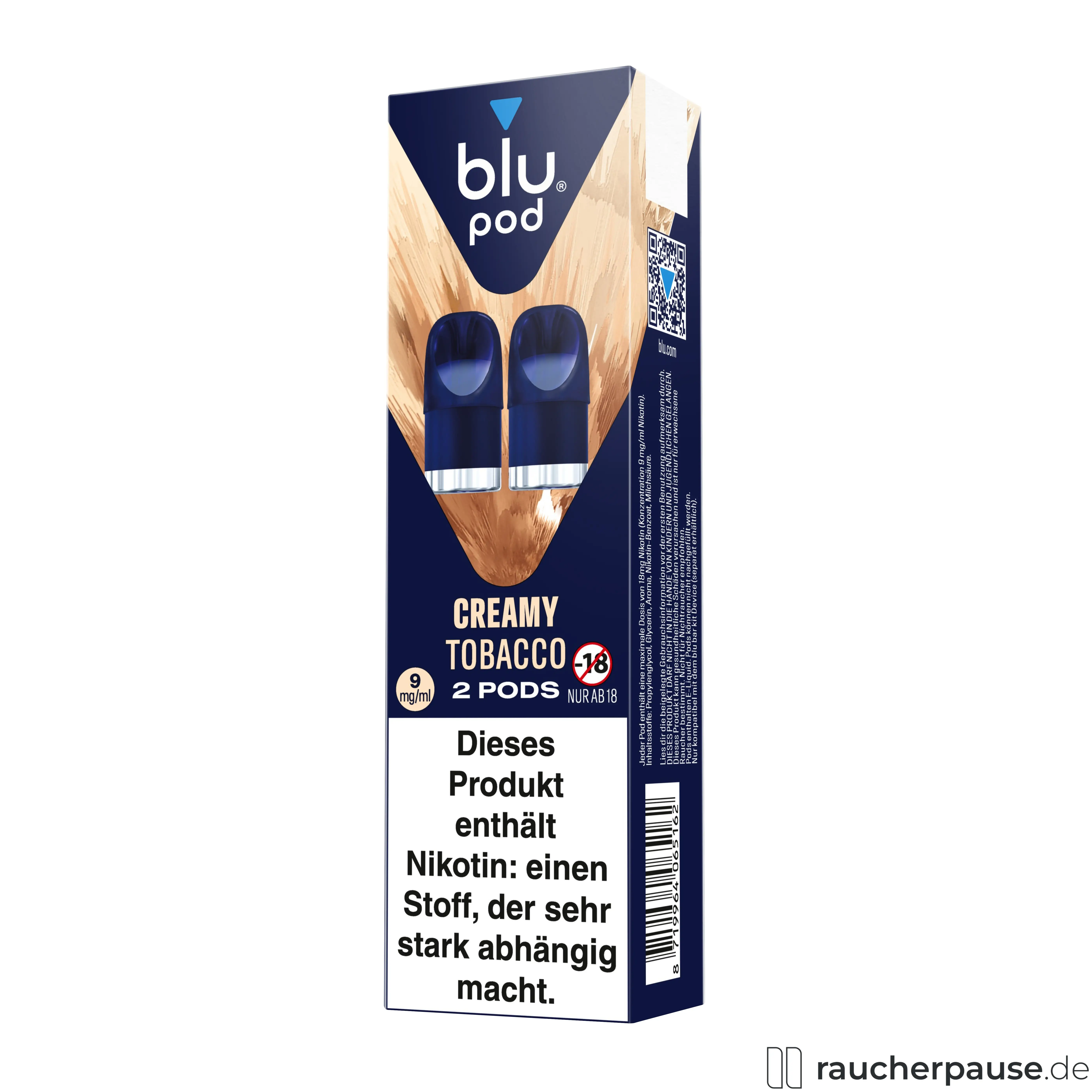 Blu Pod Creamy Tobacco 18mg/ml Nikotin in stilisierter blau-weißer Verpackung mit hellen Holzdesign und weißem Logo auf dunklem Hintergrund, 2 Pods enthalten.