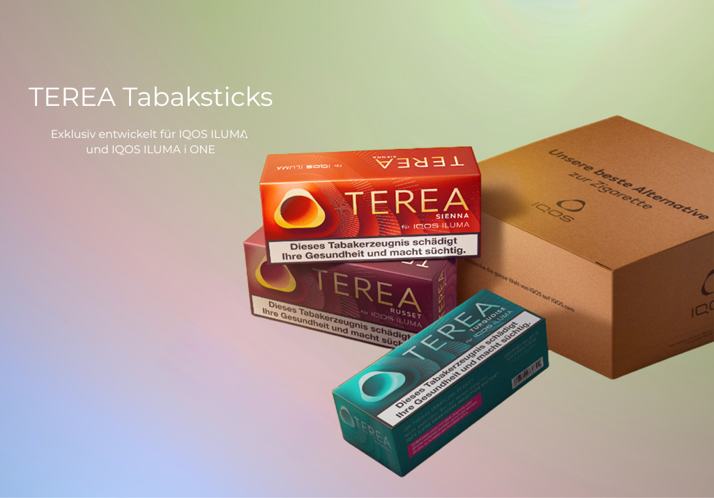 Terea Tabaksticks in verschiedenen Farben vor einem Versandpaket vor einem farblichen Hintergrund