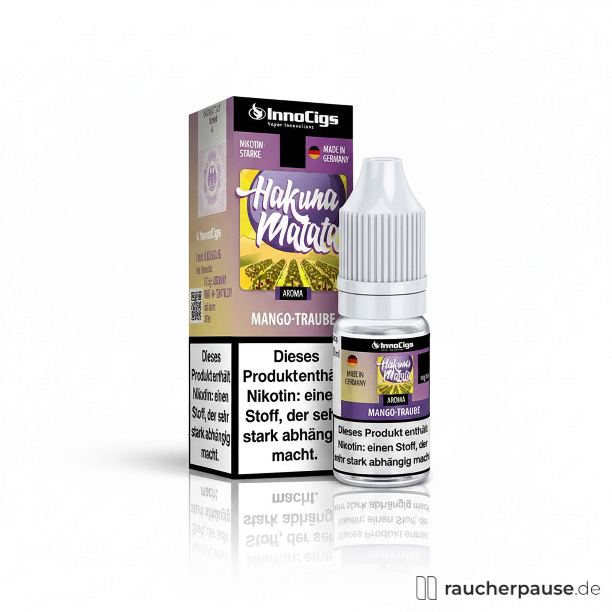 InnoCigs Hakuna Matata E-Liquid Mango Traube in quadratischer Dose mit lilagelbem Design und Innocigs-Logo.