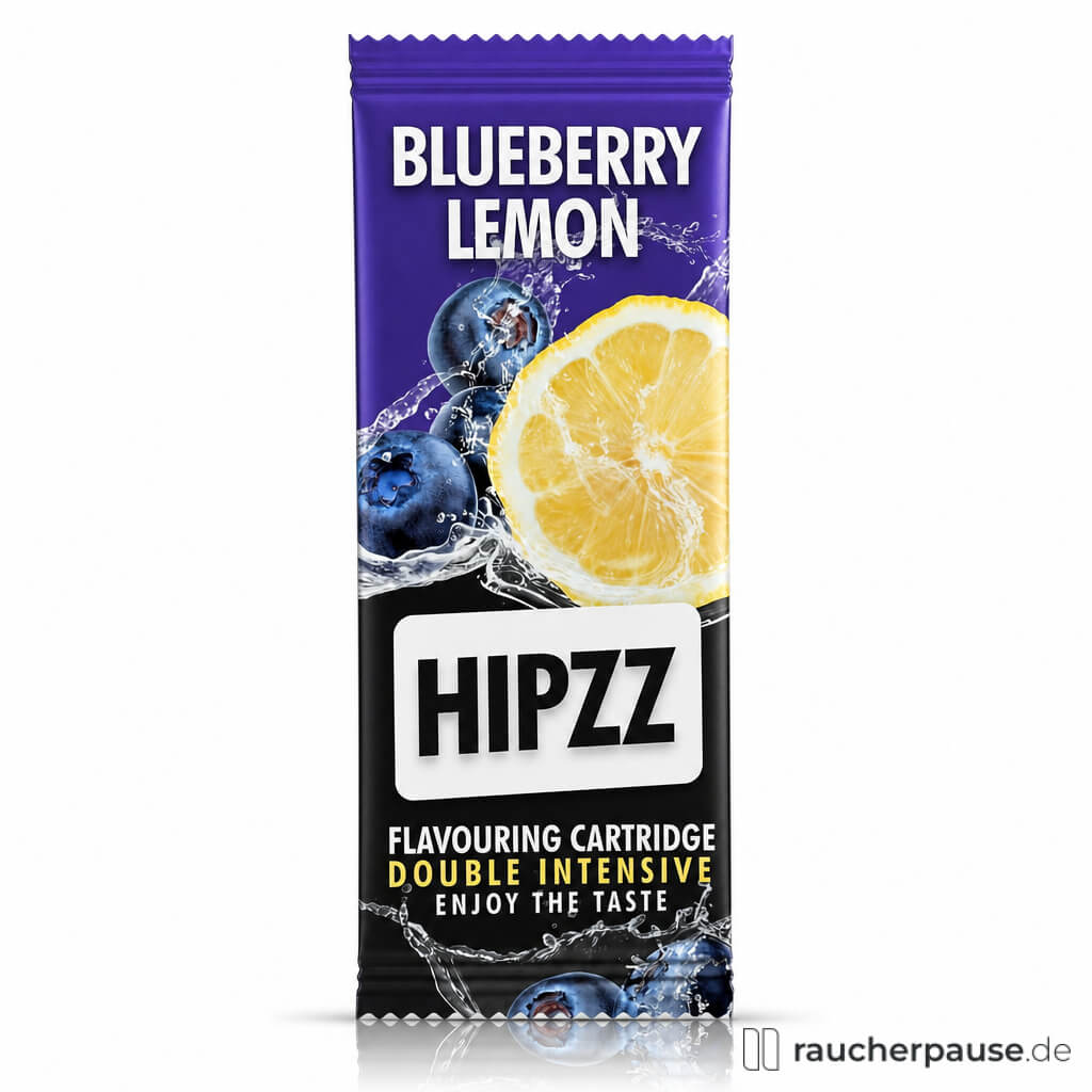 Hipzz Aromakarte Blueberry Lemon in schwarzer Verpackung mit blauem Rand und weißem Logo auf schwarzem Hintergrund.