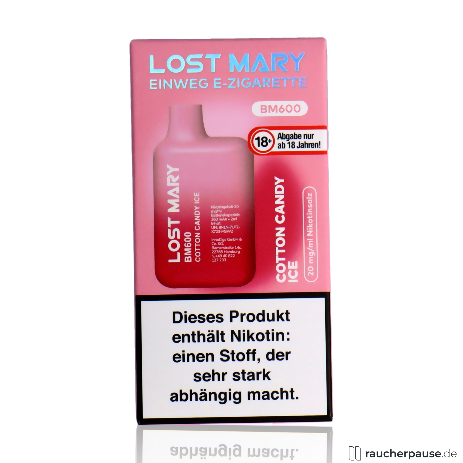Lost Mary BM600 Einweg E-Zigarette | Cotton Candy Ice | 20 mg/ml Nikotin | 600 Züge lost mary, lost mary einweg e zigarette cotton candy ice ml nikotin zuege, packshot seitlich