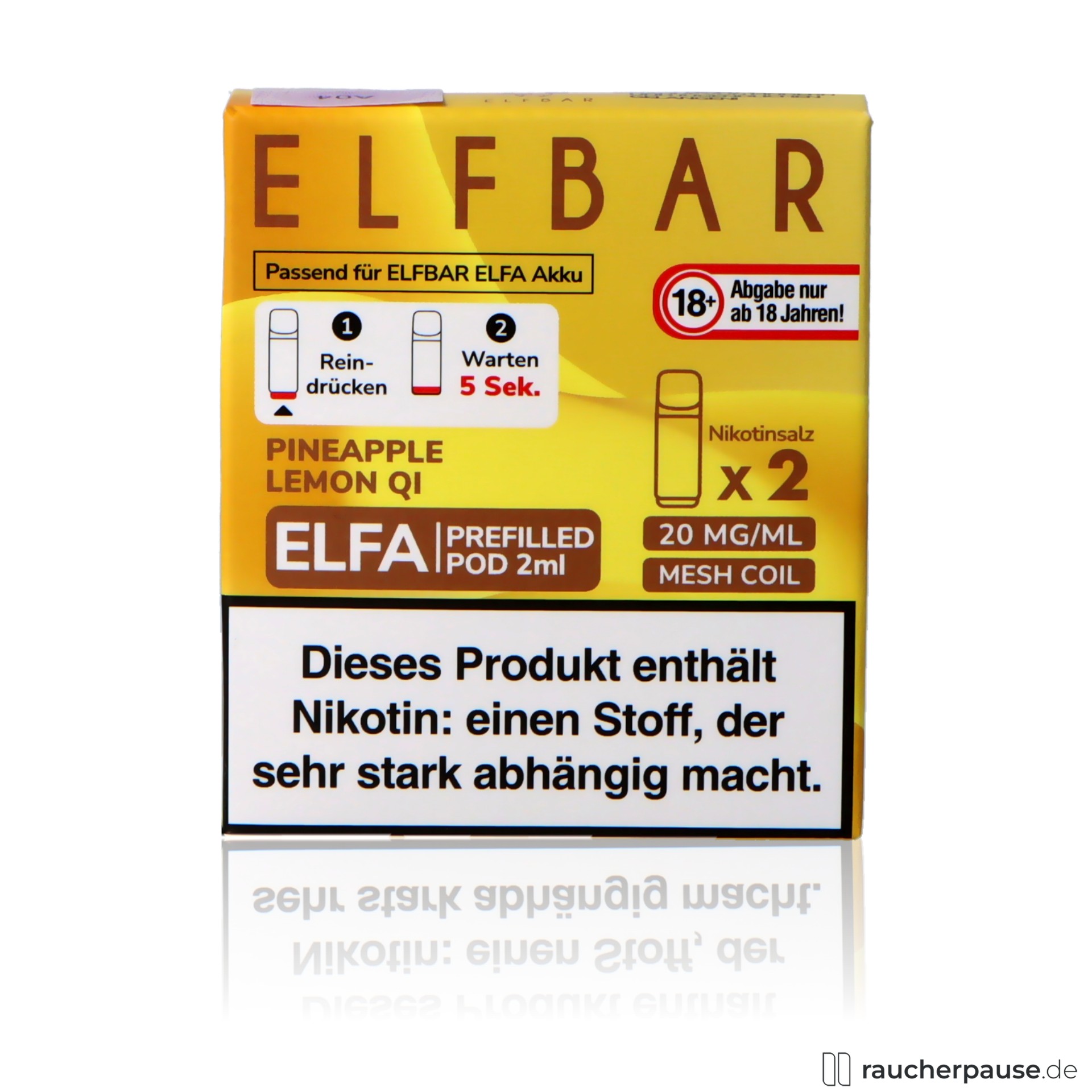 Elf Bar Elfa Prefilled Pods Pineapple Lemon Qi | 20mg/ml Nikotin | 2x2ml elfbar, elf bar elfa prefilled pods pineapple lemon qi ml nikotin , packshot vorderseite