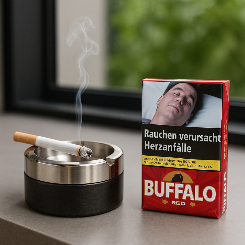 Buffalo Tabak Red mit brennender Zigarette daneben