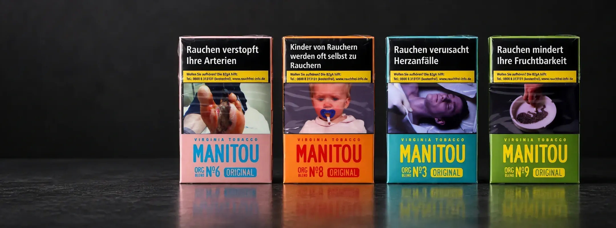 Vier Manitou Zigaretten Sorten No. 3, No. 6, No. 8 und No. 9 im Vergleich