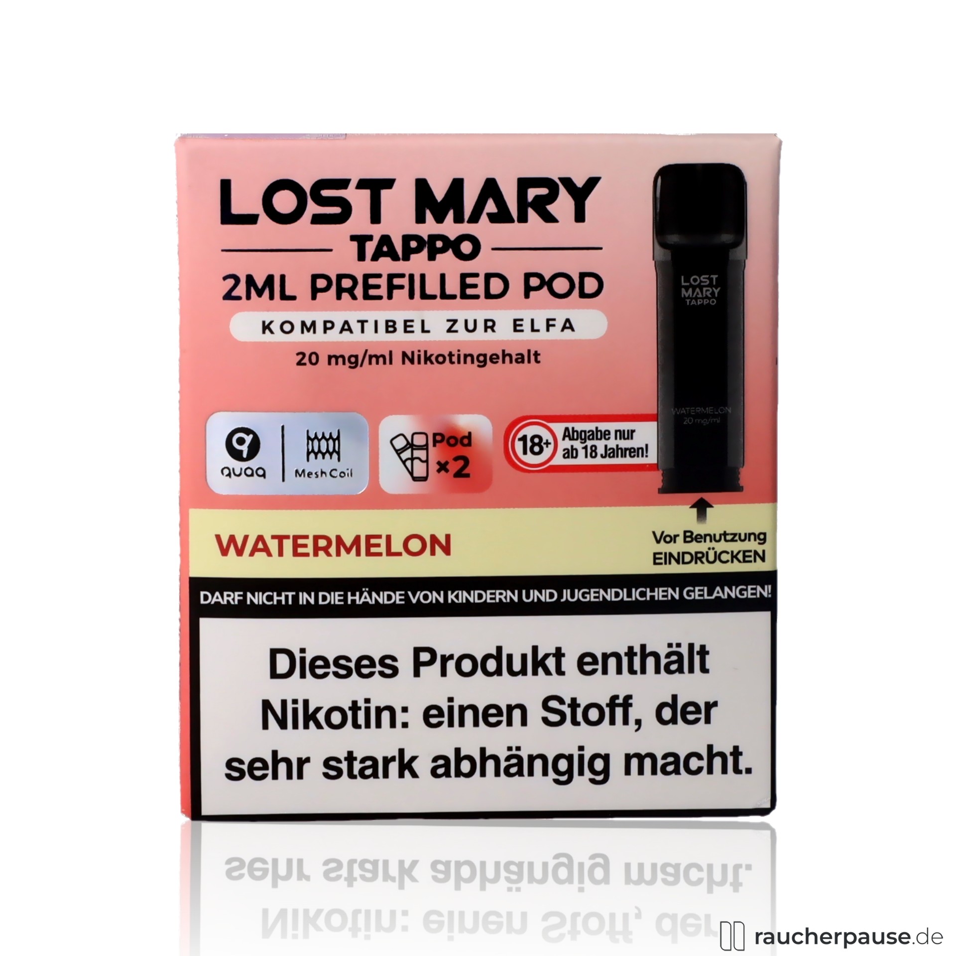 Lost Mary Tappo Pods | Watermelon 20mg/ml | 2x2ml vorgefüllt | QUAQ Mesh Coil 1,2 Ohm lost mary, lost mary tappo watermelon prefilled pods quaq mesh coil ohm wassermelone fruchtig nikotin , packshot hinterseite