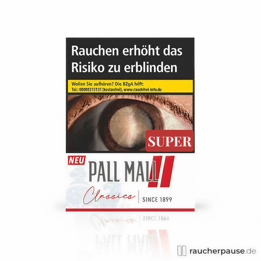 Pall Mall Classics Red Zigaretten Super, King Size Filterzigaretten in roter Dose mit weißem und schwarzem Design und stilisiertem rotem Logo.