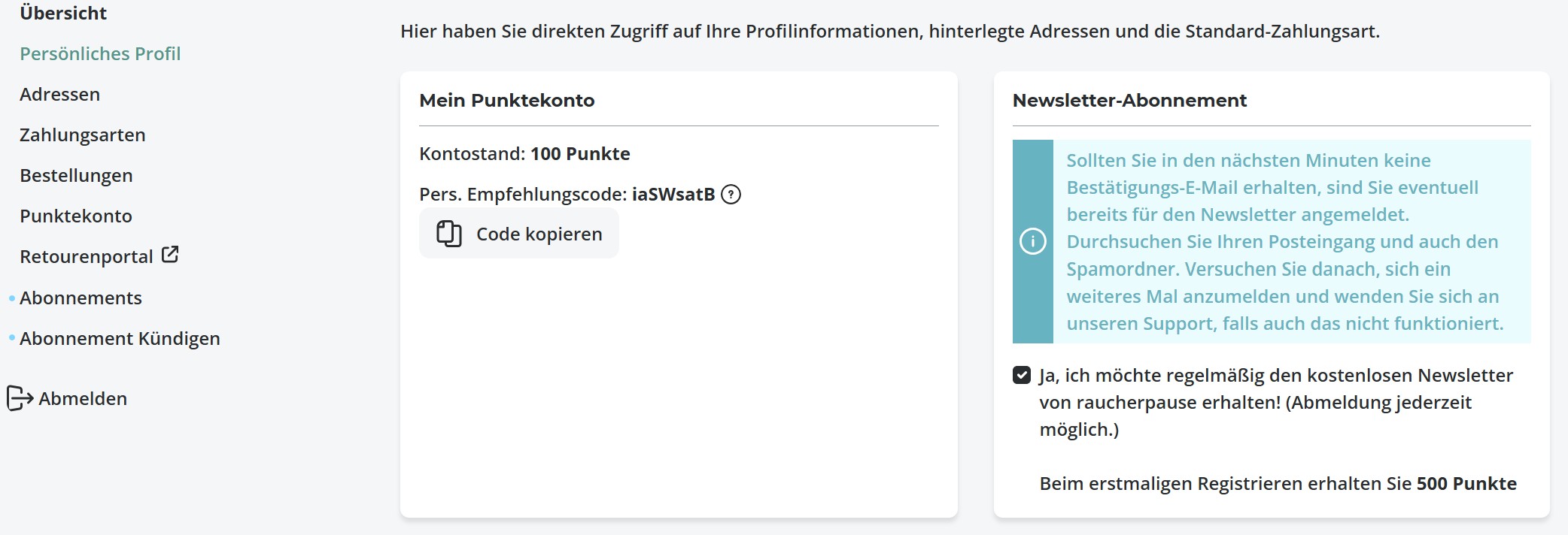 Kundenkonto mit Punktekonto, Newsletter-Abonnement und Abonnement-Verwaltung bei raucherpause.de