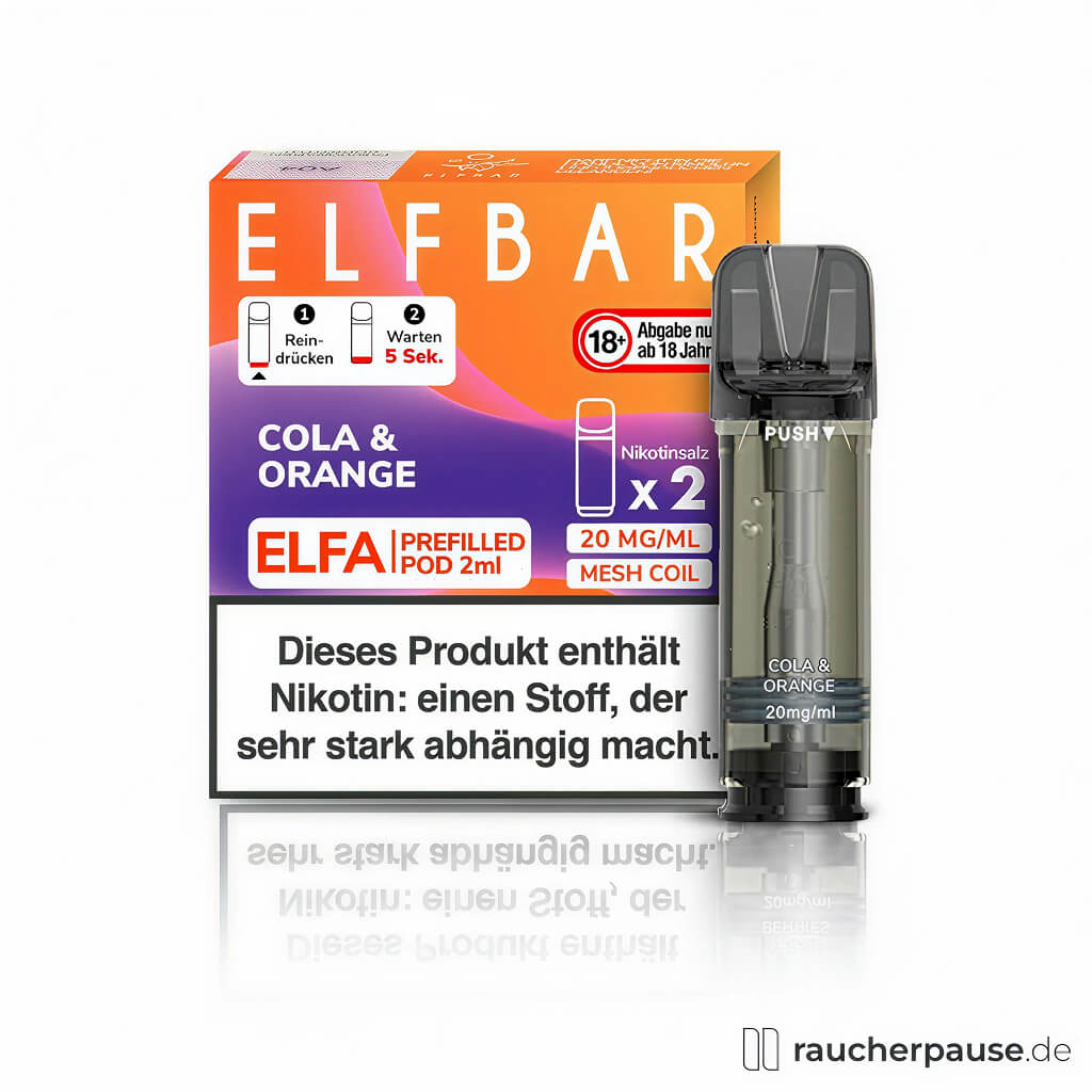 ElfBar ELFA Prefilled Pods Cola & Orange, 20mg Nikotin, 2ml, in einer modernen orangefarbenen Box mit weißem Logo und lilafarbenen Akzenten.