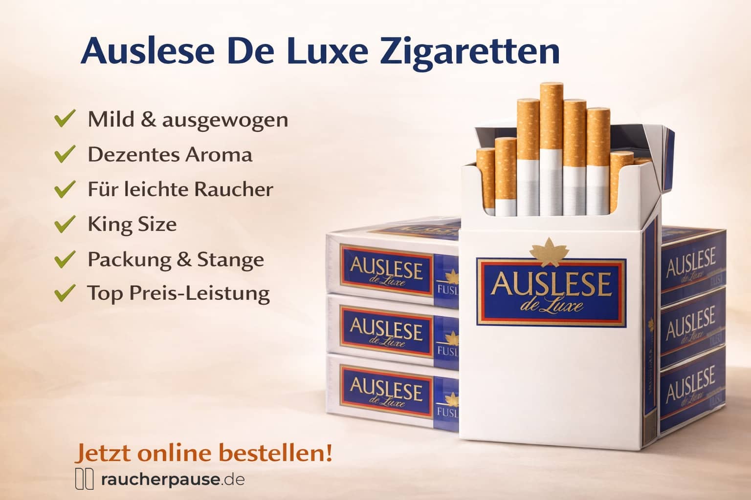 Auslese de Luxe Zigaretten – milder Geschmack in King Size Packung und Stange