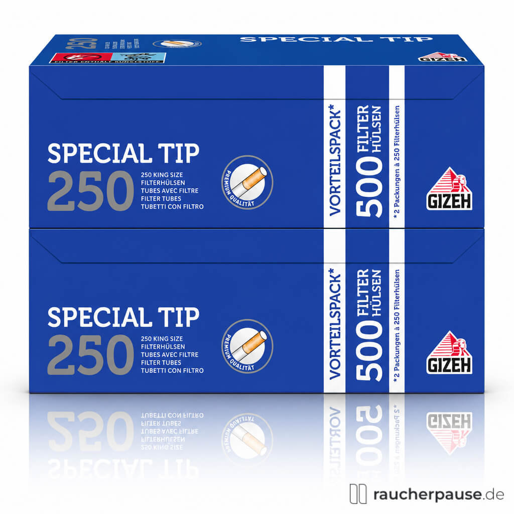 Blau quadratische Dose mit silbern-weißem GIZEH-Logo, gefüllt mit 500 Gizeh Special Tip Filterhülsen.